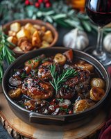 Braised chicken thighs with roasted potatoes, mushrooms and rosemary in dark sauce, served in black ceramic pan. Red wine and garlic complement rustic dinner.