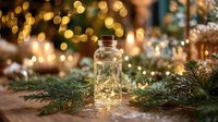 Small glass bottle with fairy lights surrounded by pine branches against warm bokeh background creating festive holiday atmosphere.