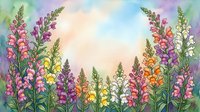 Colorful wildflower meadow with lupines and foxgloves in watercolor style against pastel sky background for spring garden designs and botanical artwork.