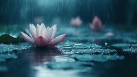 Pink water lily flower blooming in rain, droplets falling on dark pond surface with soft bokeh effect and reflections creating peaceful zen atmosphere.