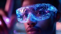 Young African American woman wearing futuristic smart glasses with glowing blue digital interface and holographic displays in neon-lit environment. Modern technology concept.