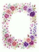 Watercolor floral frame with purple and pink roses, hearts and leaves on white background for wedding invitations, greeting cards and romantic designs.