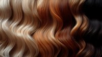 Wavy hair swatches showing natural color palette from platinum blonde to black with copper and brown tones, arranged in gradient pattern for hairstyle inspiration.