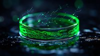 Glowing green circuit pattern ring on dark background with water droplets and reflection creates futuristic technological mood for digital art designs.