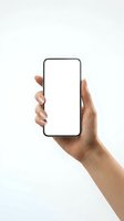 Hand holding smartphone with blank white screen mockup isolated on white background for app presentation and mobile interface design.