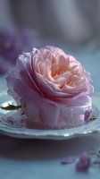 Delicate pink rose floating in water with soft dreamy lighting and blurred background creates romantic spa atmosphere for wellness and beauty concepts.