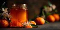 Fresh orange blossom honey in glass jar with citrus fruits and white flowers on rustic wooden table. Natural organic sweetener for cooking and baking.