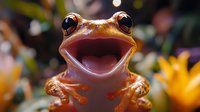 Smiling red-eyed tree frog close up portrait showing wide open mouth against blurred tropical background. Cute amphibian macro photography captures joyful expression.