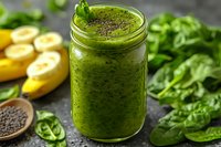 Green smoothie with spinach, banana and chia seeds in mason jar. Fresh ingredients and healthy detox drink on dark background. Nutritious breakfast.