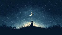 Silhouette of person sitting alone on hilltop under crescent moon and starry night sky, dreamy atmospheric scene with glowing horizon and dark foreground.