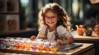 Young girl with glasses and curly hair smiling while painting with watercolors at desk, warm sunlight streaming through window creates cozy artistic atmosphere.