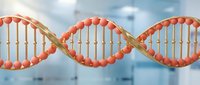 Double helix DNA strand with orange and gold coloring against blurred laboratory background, suitable for genetics, biotechnology, and scientific research presentations.