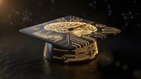Futuristic microchip processor with glowing golden circuit patterns and neural network design on dark surface with bokeh lighting effects.