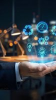 Businessman hand holding glowing digital icons including recycling symbol, lightbulb, gears, and speedometer representing sustainable business solutions and green technology innovation.