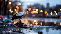 White stork scavenging through urban waste at dusk, standing near water with blurred city lights creating bokeh effect in background, environmental concept.