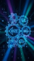 Glowing polygonal gears with buy and sell arrows and delivery trucks on dark circuit board background, digital trading concept.