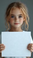 Young girl with freckles and blue eyes holding blank white paper against gray background. Natural messy updo hairstyle and gentle smile create engaging portrait.