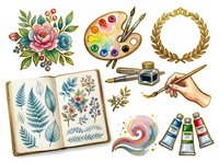 Watercolor artist supplies collection featuring blooming rose bouquet, open botanical journal, artist palette with rainbow colors, paintbrushes, ink bottle, hand holding brush, golden laurel wreath, paint tubes, and spiral sketchbook. Isolated clipart for design projects.