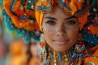 Young African woman wearing vibrant orange and turquoise carnival costume with ornate headdress, beaded jewelry and face decorations smiling at carnival celebration.