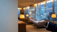 Businessman holding glowing holographic data dashboard with charts and analytics in modern office interior.