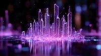 Futuristic cityscape with glowing purple neon skyscrapers reflected in water, illuminated urban skyline against dark background with floating light particles.