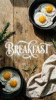 Fried eggs in cast iron skillets on rustic wooden table with rosemary, linen napkin, and decorative breakfast lettering.
