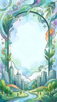 Watercolor frame with green city, plants, gears, and stars forming an arch border with white copy space center for text or design.