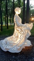 Glowing translucent sculpture of woman in flowing dress against forest backdrop at sunset, artistic installation creates ethereal atmosphere with natural light interaction.
