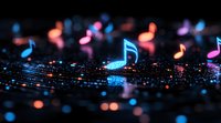 Glowing musical notes floating in dark space with blue and pink neon lights, creating magical atmosphere on reflective surface with bokeh effect.