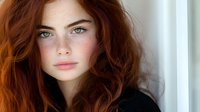Young woman with natural red hair, green eyes and freckles looking directly at camera with neutral expression against light background. Soft natural lighting.