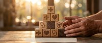 Hands protecting wooden blocks with heart symbols stacked in pyramid shape on rustic table with warm sunlight creating caring protection concept.