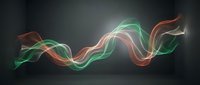 Abstract flowing light waves in green and orange colors creating dynamic energy patterns on dark background for modern digital design projects.