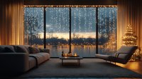 Cozy living room with panoramic windows, fairy lights, and Christmas tree at dusk. Warm interior with city lights reflection and candlelight creates festive atmosphere.