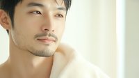 Young Asian man with gentle smile and thoughtful expression near window in soft natural morning light, wrapped in white cozy blanket for wellness and lifestyle content.