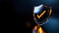 Glowing shield with checkmark symbol on dark background represents security, protection and verification concepts for business presentations.