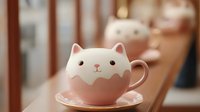 Adorable pink ceramic cat-shaped coffee mug with saucer on wooden table in cozy cafe setting with warm bokeh background lighting.