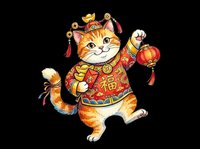 Cheerful orange cat wearing red traditional Asian garment with gold accents, holding decorative lanterns and ornaments. Isolated on transparent background, ready for t-shirts, stickers, clipart, sublimation, and print-on-demand designs.