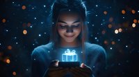 Young Asian woman holding glowing magical gift box in darkness, surrounded by bokeh lights and sparkles. Mystical holiday atmosphere with ethereal blue illumination.