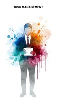 Professional businessman in suit holding document with colorful watercolor splash background for risk management and business strategy presentations.
