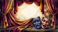 Theatrical masks of tragedy and comedy displayed on stage with ornate burgundy and gold velvet curtains, suitable for performing arts, drama productions, and entertainment marketing.