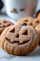 Festive Halloween pumpkin-shaped sugar cookie dusted with powdered sugar, featuring classic jack-o'-lantern face carving on brown gingerbread dough, macro food photography.