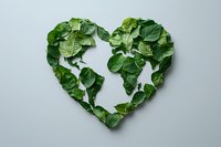 Fresh green leaves arranged in heart shape on light gray background, symbolizing eco-friendly love, nature connection and environmental care. Perfect for sustainability concepts.