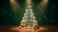 Futuristic digital Christmas tree made of glowing circuit boards and electronic components with network connections on dark tech background for holiday designs.