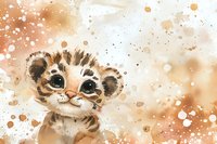 Adorable baby tiger cub with big expressive eyes on watercolor background with splashes and sparkles in brown and beige tones, artistic illustration for nursery decor.