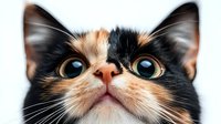 Close up portrait of calico cat face with big blue eyes and pink nose looking up. Black, orange and white fur details captured in sharp focus against blurred background.
