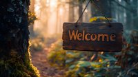 Rustic wooden welcome sign hanging in misty forest at sunrise, sunbeams filtering through trees creating magical atmosphere with moss and golden light.
