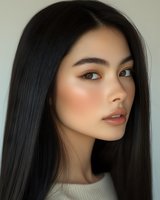 Young Asian woman with flawless skin, natural makeup, and long straight black hair looking away. Soft studio lighting creates gentle shadows on face for beauty and fashion use.