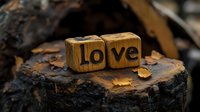 Wooden blocks spelling love positioned on rustic tree stump with natural lighting, suitable for romantic greeting cards, wedding invitations, and relationship-themed designs.