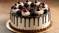 Elegant cream cake decorated with chocolate drip, fresh blackberries and cherries, topped with whipped cream swirls and chocolate piping along base. Perfect for celebrations.