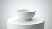 White ceramic bowl displayed on cylindrical pedestal, isolated on neutral background, suitable for product mockups, tableware design, kitchenware catalogs, and home decor presentations.